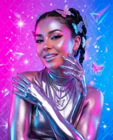 Y2K Chrome Aesthetic Portrait 5 — Nano Banana AI Prompt: Chrome portrait of the same woman posing with a hand near her face showing metal...