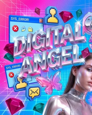 Y2K Chrome Aesthetic Portrait 6 — Nano Banana AI Prompt: Detail of the floating 3D chrome DIGITAL ANGEL text and Y2K interface icons arou...