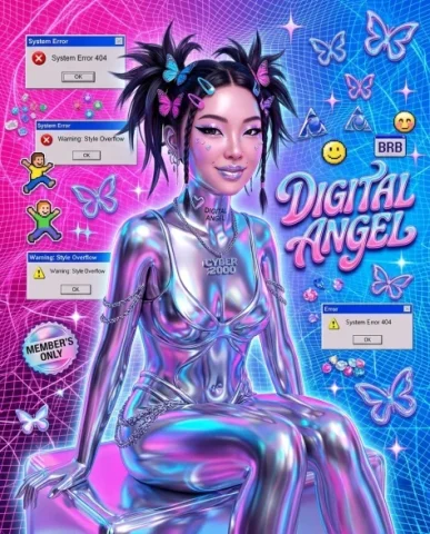Y2K Chrome Aesthetic Portrait 7 — Nano Banana AI Prompt: Wider Y2K composition of the same chrome woman set within a full gradient mesh w...
