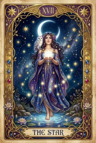 Mystical Tarot Card Portrait 1 — Nano Banana AI Prompt: Deep midnight-blue night sky scattered with constellations behind her. Elaborate...
