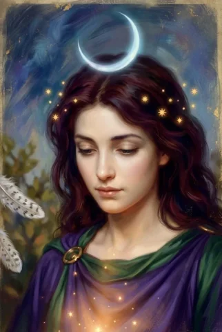 Mystical Tarot Card Portrait 2 — Nano Banana AI Prompt: Close painterly portrait of the same serene woman's luminous face lit from below...
