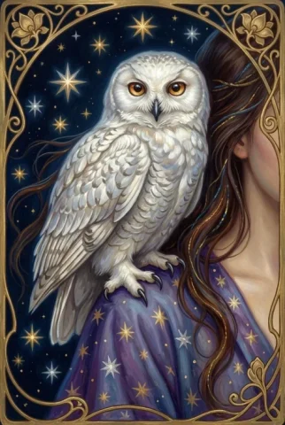 Mystical Tarot Card Portrait 4 — Nano Banana AI Prompt: Close study of the white owl perched on the woman's shoulder with amber eyes gli...