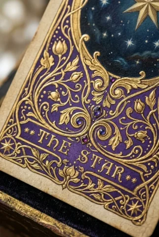 Mystical Tarot Card Portrait 6 — Nano Banana AI Prompt: Macro detail of the ornate golden Art Nouveau filigree border with embedded gems...