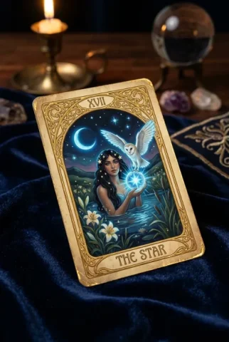 Mystical Tarot Card Portrait 7 — Nano Banana AI Prompt: The physical THE STAR tarot card resting at an angle on midnight-blue velvet in...