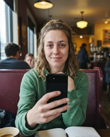 Lo-Fi Authentic Phone Camera Portrait 1 — Nano Banana AI Prompt: Lo-fi Android front-camera selfie of a mid-20s woman in a coffee-shop booth with...