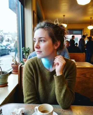 Lo-Fi Authentic Phone Camera Portrait 3 — Nano Banana AI Prompt: Candid lo-fi snapshot of the same woman gazing thoughtfully out the coffee-shop...