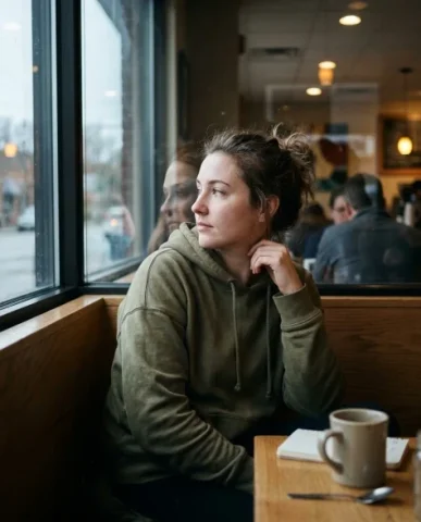Lo-Fi Authentic Phone Camera Portrait 7 — Nano Banana AI Prompt: Cool daylight from the window rims her profile while warm cafe light fills the i...