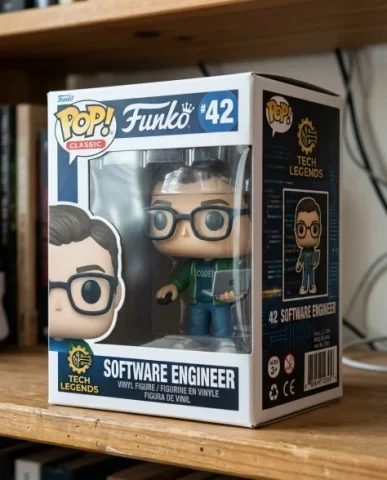 Funko Pop Style Vinyl Figure 4 — Nano Banana AI Prompt: Macro close-up of the Funko figure's oversized head and large black dot eyes thr...