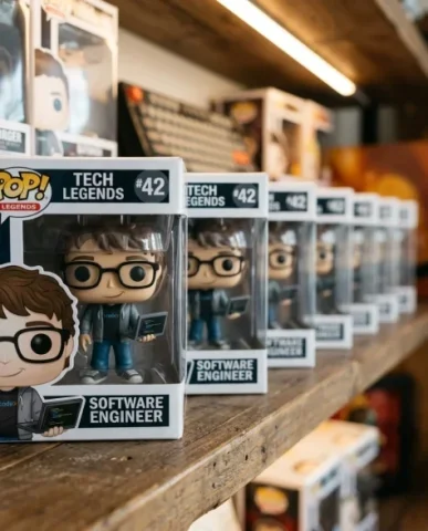 Funko Pop Style Vinyl Figure 5 — Nano Banana AI Prompt: The same Funko figure standing out of its box on the black TECH LEGENDS base","g...