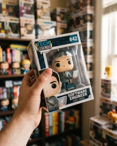Funko Pop Style Vinyl Figure 6 — Nano Banana AI Prompt: Angled view of the Funko box showing the side panel and back branding with the f...