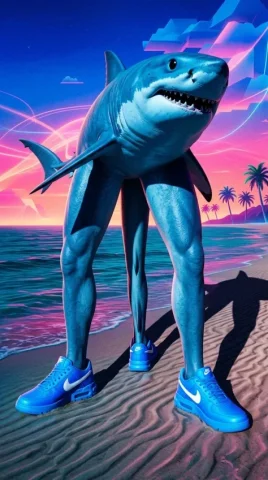 Italian Brainrot Tralalero Tralala Shark Nike 2 — Nano Banana AI Prompt: Low-angle 3D render of the blue shark towering on its tripod fin-legs, looking d...
