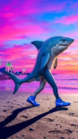 Italian Brainrot Tralalero Tralala Shark Nike 6 — Nano Banana AI Prompt: Full side-profile 3D render of the blue shark's absurd silhouette balanced on tr...