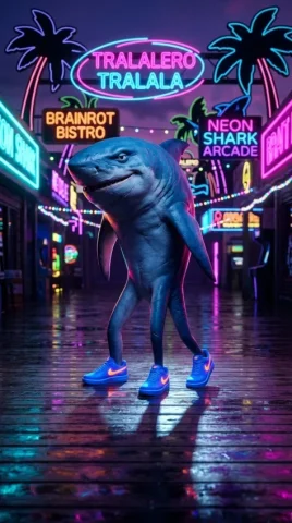 Italian Brainrot Tralalero Tralala Shark Nike 7 — Nano Banana AI Prompt: Photorealistic 3D render of the same Tralalero Tralala blue shark meme character...