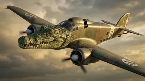 Italian Brainrot Bombardiro Crocodilo 1 — Nano Banana AI Prompt: Photorealistic Bombardiro Crocodilo WWII bomber plane with crocodile head instea...