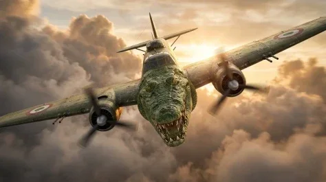 Italian Brainrot Bombardiro Crocodilo 2 — Nano Banana AI Prompt: Head-on 3D render of the crocodile-headed bomber flying toward the viewer with w...