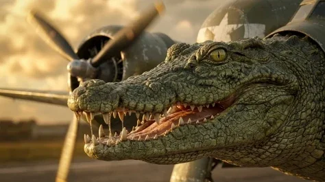 Italian Brainrot Bombardiro Crocodilo 3 — Nano Banana AI Prompt: Close-up 3D render of the crocodile head with predatory yellow eye and sharp tee...
