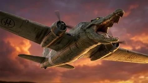 Italian Brainrot Bombardiro Crocodilo 6 — Nano Banana AI Prompt: Low-angle 3D render from below the crocodile bomber roaring overhead against a g...