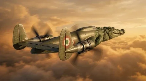 Italian Brainrot Bombardiro Crocodilo 7 — Nano Banana AI Prompt: Rear three-quarter 3D render of the crocodile bomber flying away with twin prope...