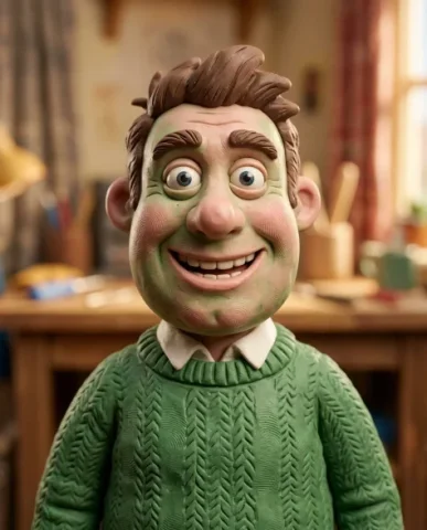 Claymation Portrait Wallace and Gromit Style 1 — Nano Banana AI Prompt: Low-angle hero shot of the clay man emphasizing the sculpted volume of his round...