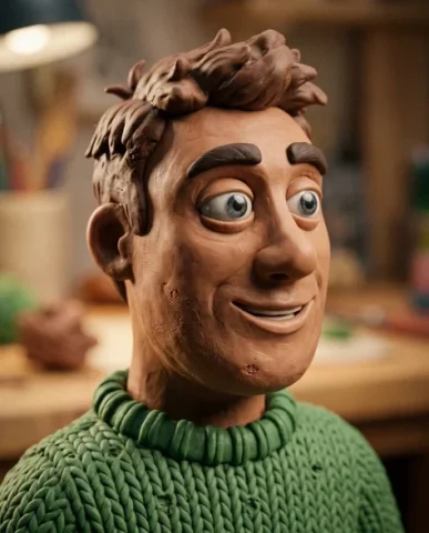 Claymation Portrait Wallace and Gromit Style 3 — Nano Banana AI Prompt: Extreme macro of the clay man's face showing every thumbprint pressed into the w...