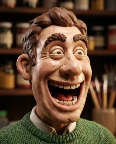 Claymation Portrait Wallace and Gromit Style 4 — Nano Banana AI Prompt: Three-quarter view of the same claymation man in authentic Aardman Animations st...