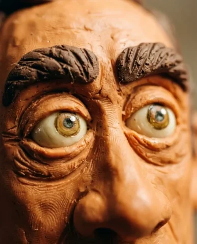 Claymation Portrait Wallace and Gromit Style 5 — Nano Banana AI Prompt: Close portrait of the same Aardman-style claymation man breaking into a huge, jo...