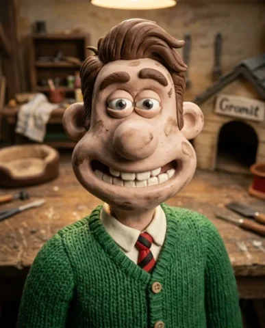 Claymation Portrait Wallace and Gromit Style 7 — Nano Banana AI Prompt: Waist-up view of the clay man in a chunky green knitted clay sweater with thumbp...