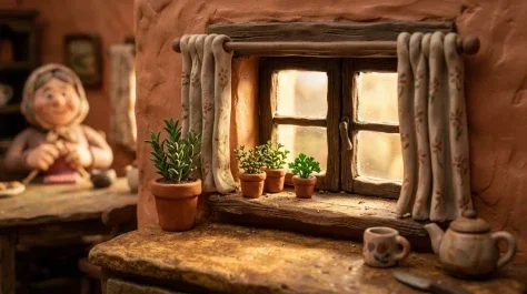Claymation Scene Cozy Kitchen Stop Motion 4 — Nano Banana AI Prompt: Close claymation detail of the counter with a clay cheese wheel and plate of cla...