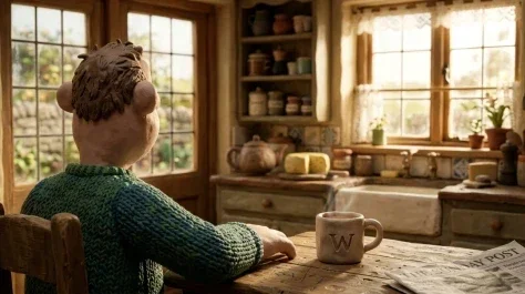 Claymation Scene Cozy Kitchen Stop Motion 6 — Nano Banana AI Prompt: The round-faced clay character is softly out of focus at the table in the backgr...