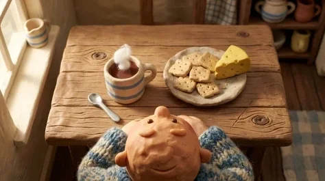 Claymation Scene Cozy Kitchen Stop Motion 7 — Nano Banana AI Prompt: Macro claymation still-life of the countertop props in the same Aardman-style cl...