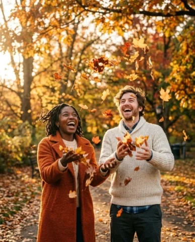 Autumn Park Leaf-Toss Joy 1 — Nano Banana AI Prompt: Both mouths open in genuine surprised laughter. Warm golden backlight filtering...