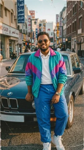 80's portrait. For men's — Nano Banana AI Prompt: A candid, vintage analog film color photograph from the 1980s (shot on 35mm film...