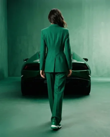 Monochrome Emerald High-Fashion Editorial 7 — Nano Banana AI Prompt: The frame captures the collar area of a sharply tailored suit in rich emerald-gr...