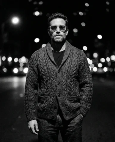Black-and-White Menswear Editorial — Urban Night 1 — Nano Banana AI Prompt: An adult male with rugged features and a trimmed stubble beard wearing transluce...
