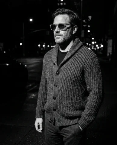Black-and-White Menswear Editorial — Urban Night 2 — Nano Banana AI Prompt: An adult male with rugged features and a trimmed stubble beard wearing transluce...