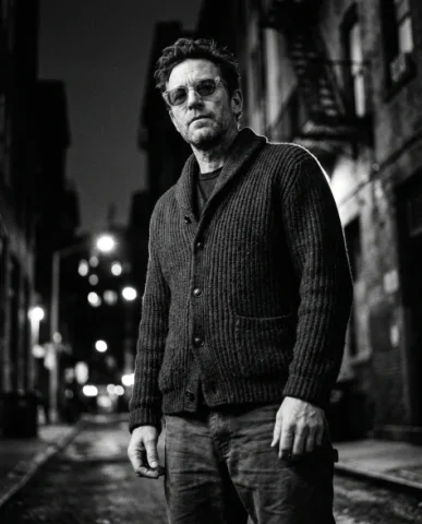 Black-and-White Menswear Editorial — Urban Night 4 — Nano Banana AI Prompt: An adult male with rugged features and a trimmed stubble beard wearing transluce...