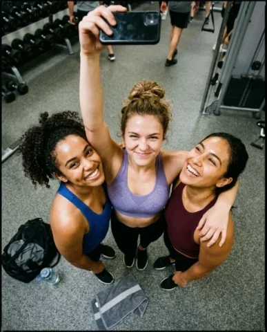 Gym Selfie Trio — Athletic Activewear Portrait 6 — Nano Banana AI Prompt: The left woman with dark brown wavy hair stands beside in sapphire blue activewe...
