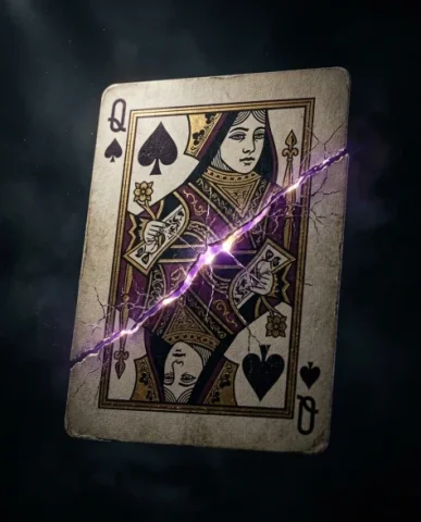 Sorcerer Bursting Through Playing Card — Movie Poster 3 — Nano Banana AI Prompt: Queen of Spades playing card before the sorcerer's breakthrough. The card fills...