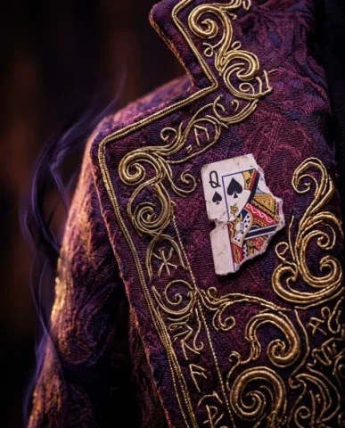Sorcerer Bursting Through Playing Card — Movie Poster 5 — Nano Banana AI Prompt: An extreme close-up detail shot of the sorcerer's ornate medieval fantasy jacket...