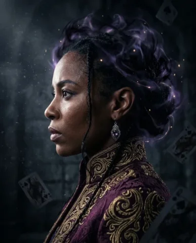 Sorcerer Bursting Through Playing Card — Movie Poster 6 — Nano Banana AI Prompt: The dark violet-black arcane aura drifts around her head like a crown of gaseous...