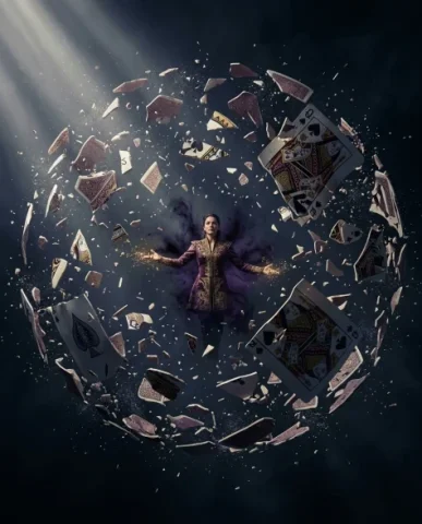 Sorcerer Bursting Through Playing Card — Movie Poster 7 — Nano Banana AI Prompt: Queen of Spades card has exploded outward into a spherical debris field — hundre...