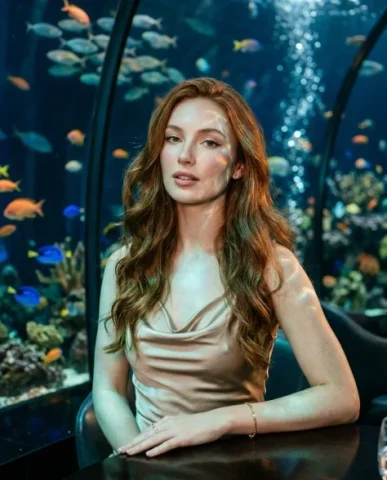 Luxury Underwater Aquarium Lounge Portrait 3 — Nano Banana AI Prompt: The crystal coupe glass sits on the low glass side table, half-filled with pale...