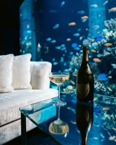 Luxury Underwater Aquarium Lounge Portrait 4 — Nano Banana AI Prompt: Close-up portrait with aquarium light painting rippling patterns on her face, fi...