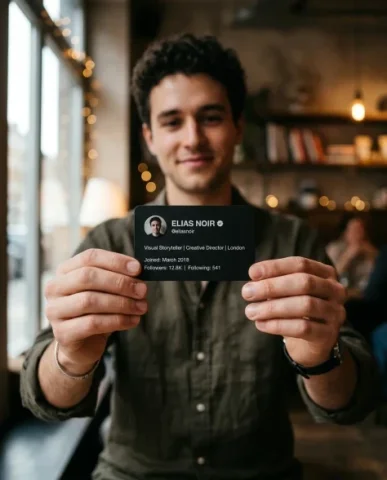 Premium Social Media Profile Card — Editorial Photoshoot 2 — Nano Banana AI Prompt: His fingers show natural skin tones with visible knuckle creases and short clean...