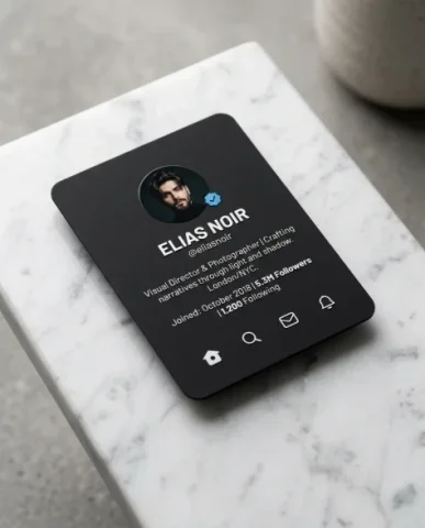 Premium Social Media Profile Card — Editorial Photoshoot 3 — Nano Banana AI Prompt: Carrara marble surface angled at approximately fifteen degrees to introduce dime...