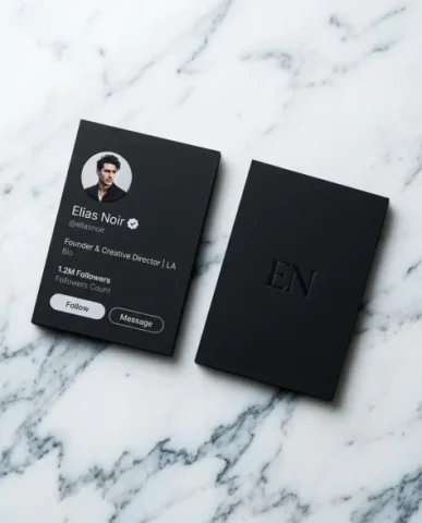 Premium Social Media Profile Card — Editorial Photoshoot 7 — Nano Banana AI Prompt: Carrara marble surface. One card lies face-up showing the full ELIAS NOIR interf...
