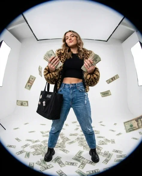 Fisheye Studio Portrait with Scattered Cash 1