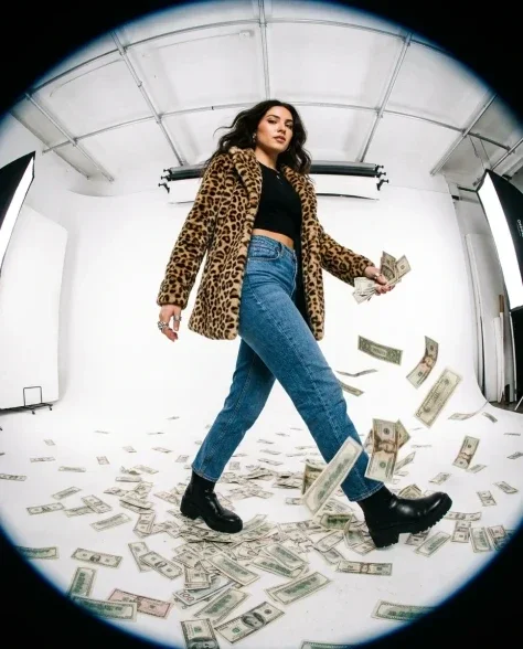 Fisheye Studio Portrait with Scattered Cash 5