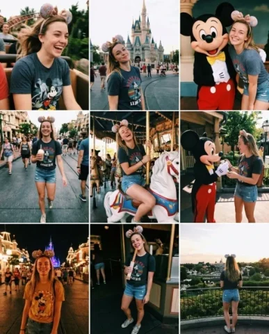 Theme Park Day — 3x3 Candid Smartphone Grid 1 — Nano Banana AI Prompt: Instagram-style grid of intentionally low-quality candid smartphone photographs...