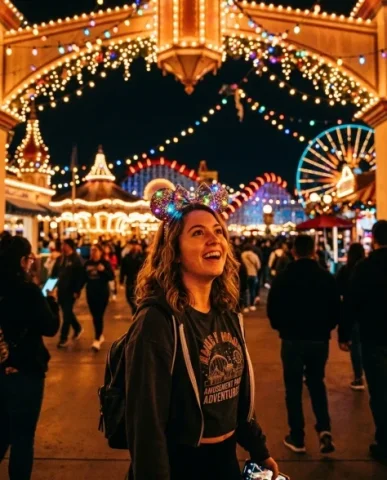 Theme Park Day — 3x3 Candid Smartphone Grid 4 — Nano Banana AI Prompt: Strong warm color cast from the amber and golden string lights draped across str...